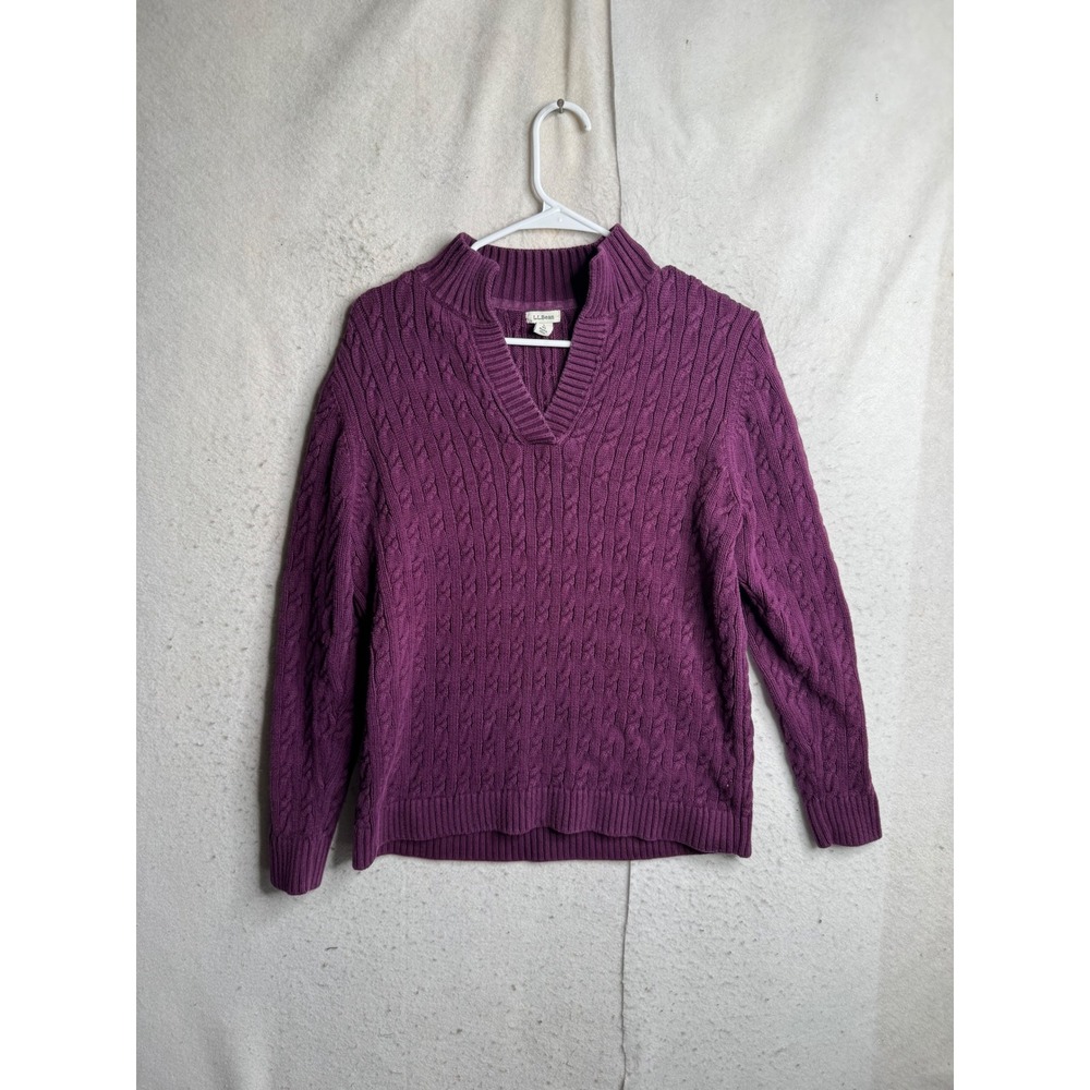 LL Bean Womens Purple Cable Knit Cotton Split V-Neck Sweater 511497 L